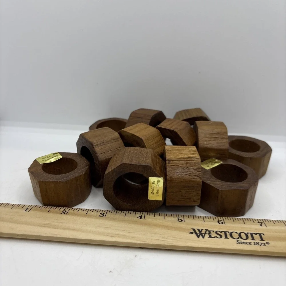 Hand Crafted Teak Wood Round Napkin Rings Made in Thailand Set of‎ 12